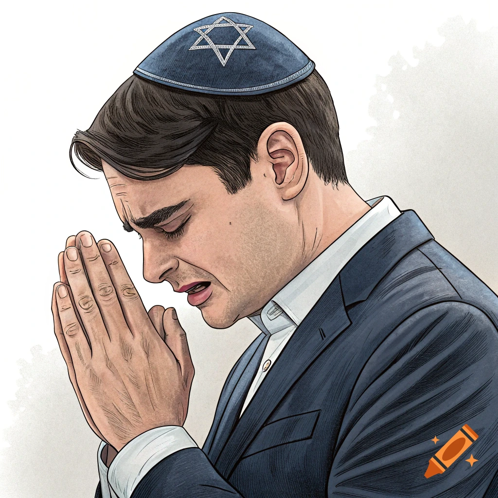 Illustration of a man in a suit and yarmulke, with eyes closed and hands clasped, appearing to pray or cry.