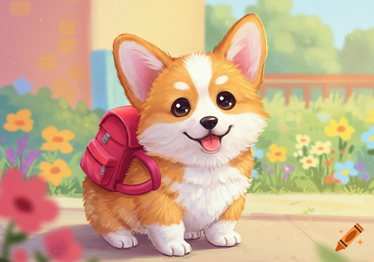 A cute corgi dog wearing a red backpack, sitting outside.