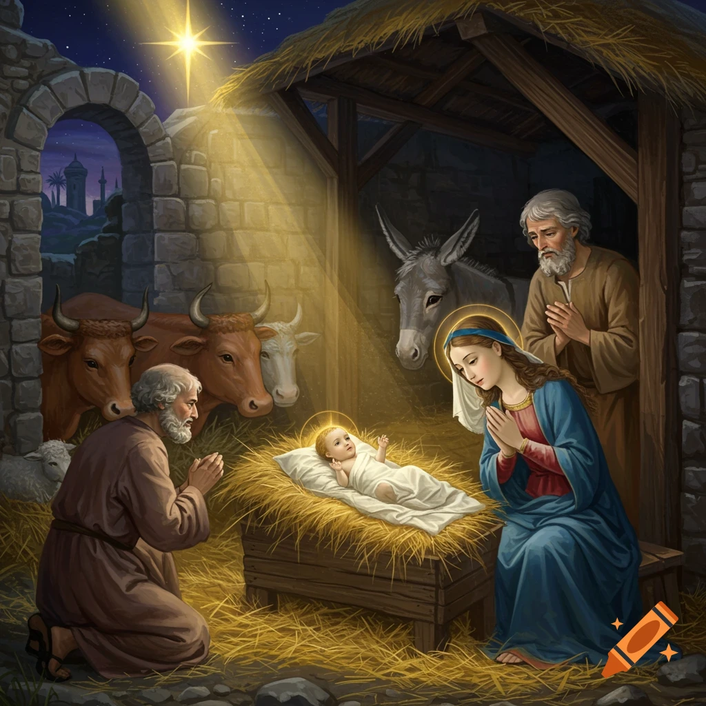 A depiction of the nativity scene with Mary, Joseph, baby Jesus in a manger, animals, and a star.