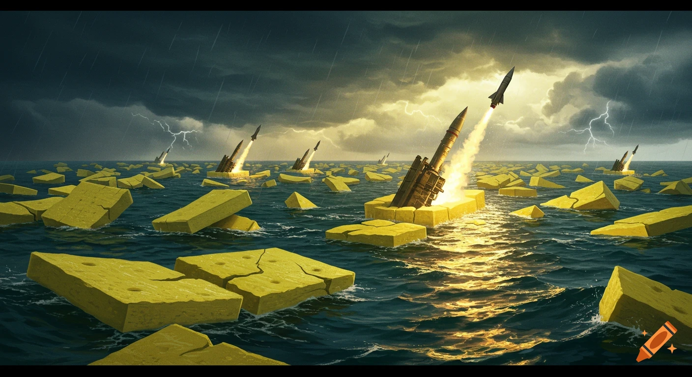 Missiles launching from yellow shapes in a stormy sea