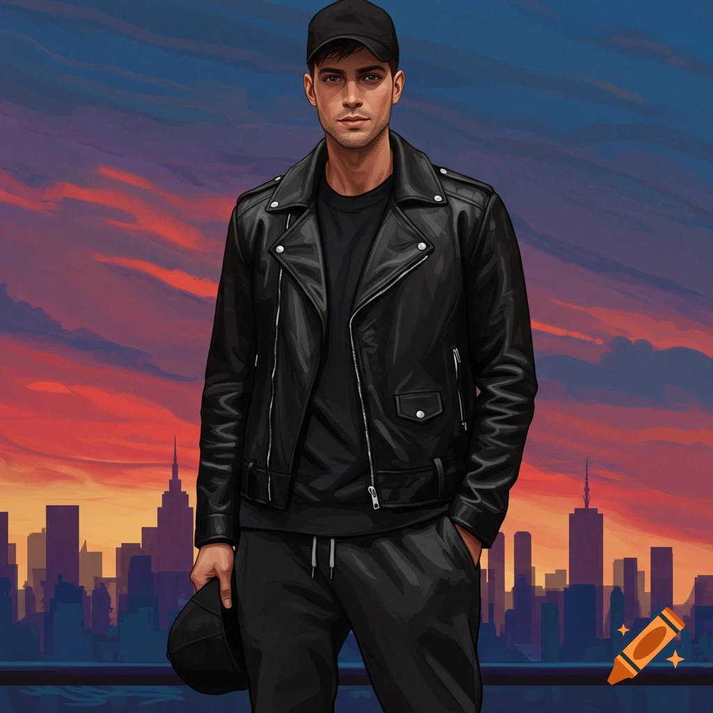 A man in a black leather jacket and cap stands before a city skyline at sunset.