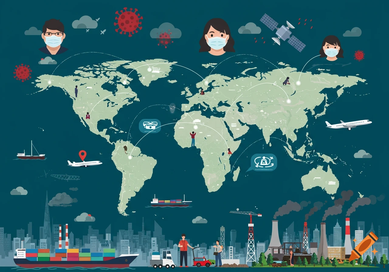 Flat illustration of a world map with global connections, masked people, transport, and city/industry.