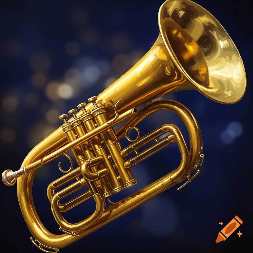 Golden brass instrument against a dark background with bokeh lights
