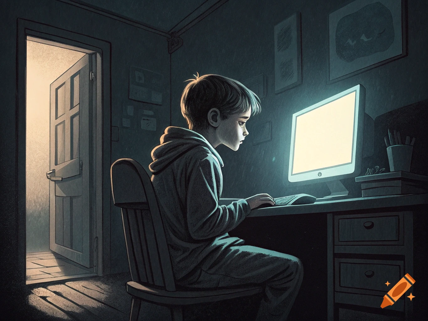 A young boy looks at a bright computer screen in a dark room.