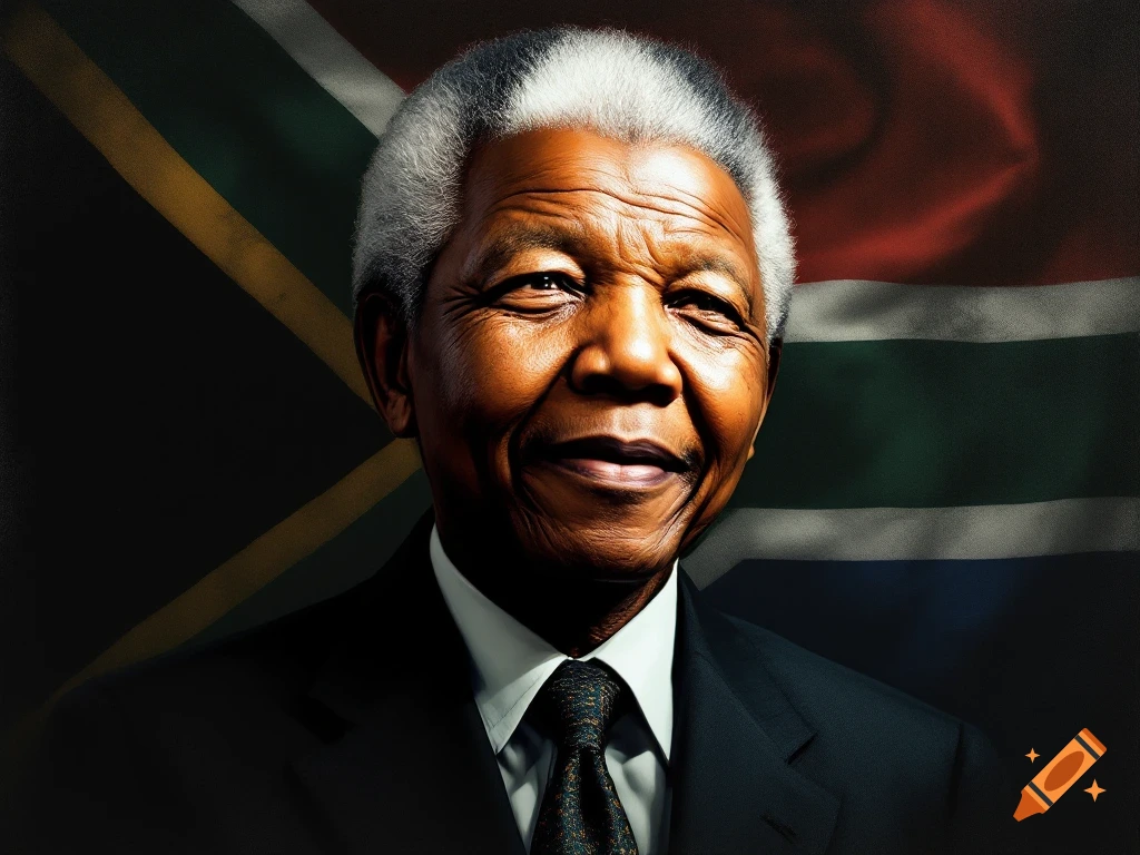 Portrait of Nelson Mandela in a suit with the South African flag behind him.