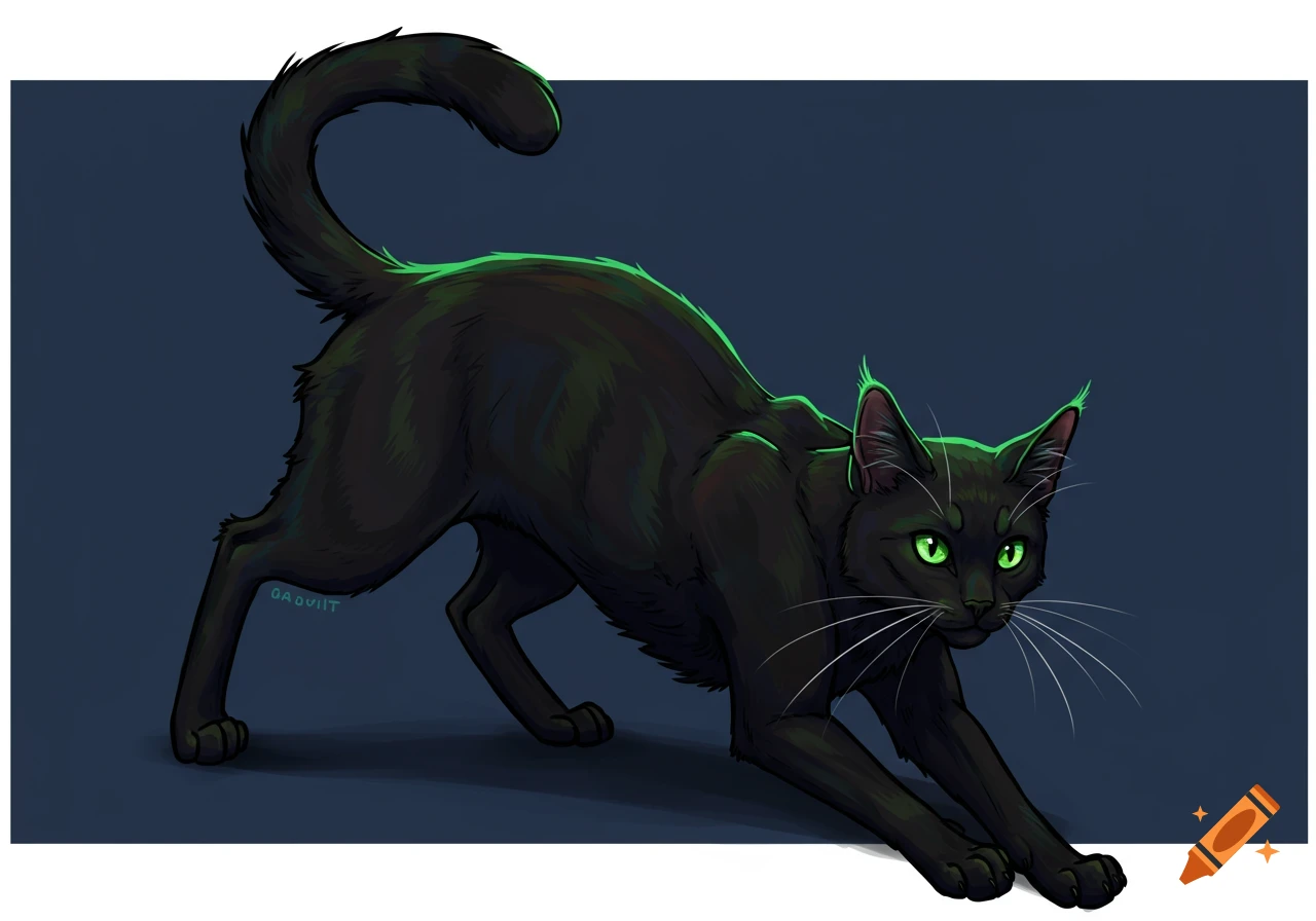 A black cat stretching with glowing green eyes.