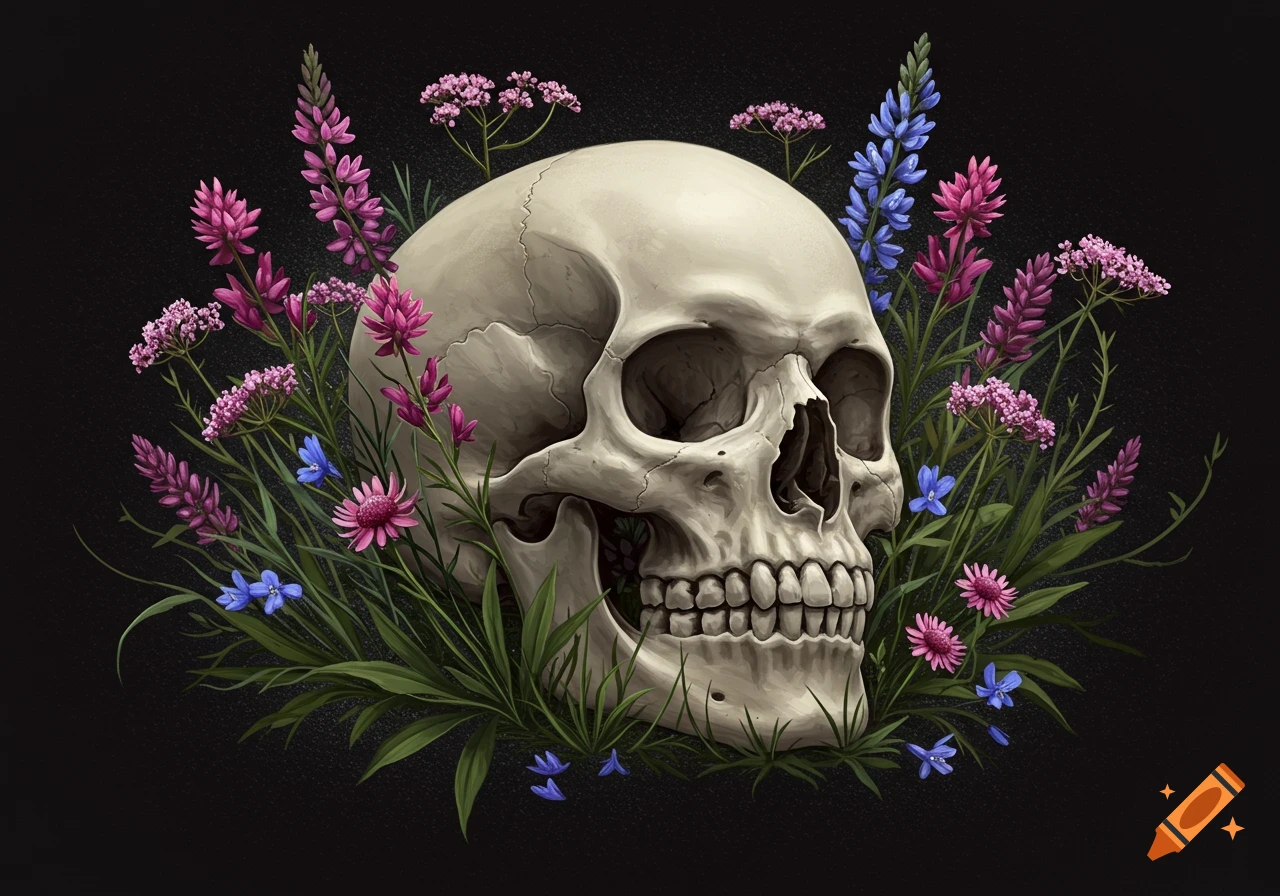 A skull surrounded by wildflowers on a dark background