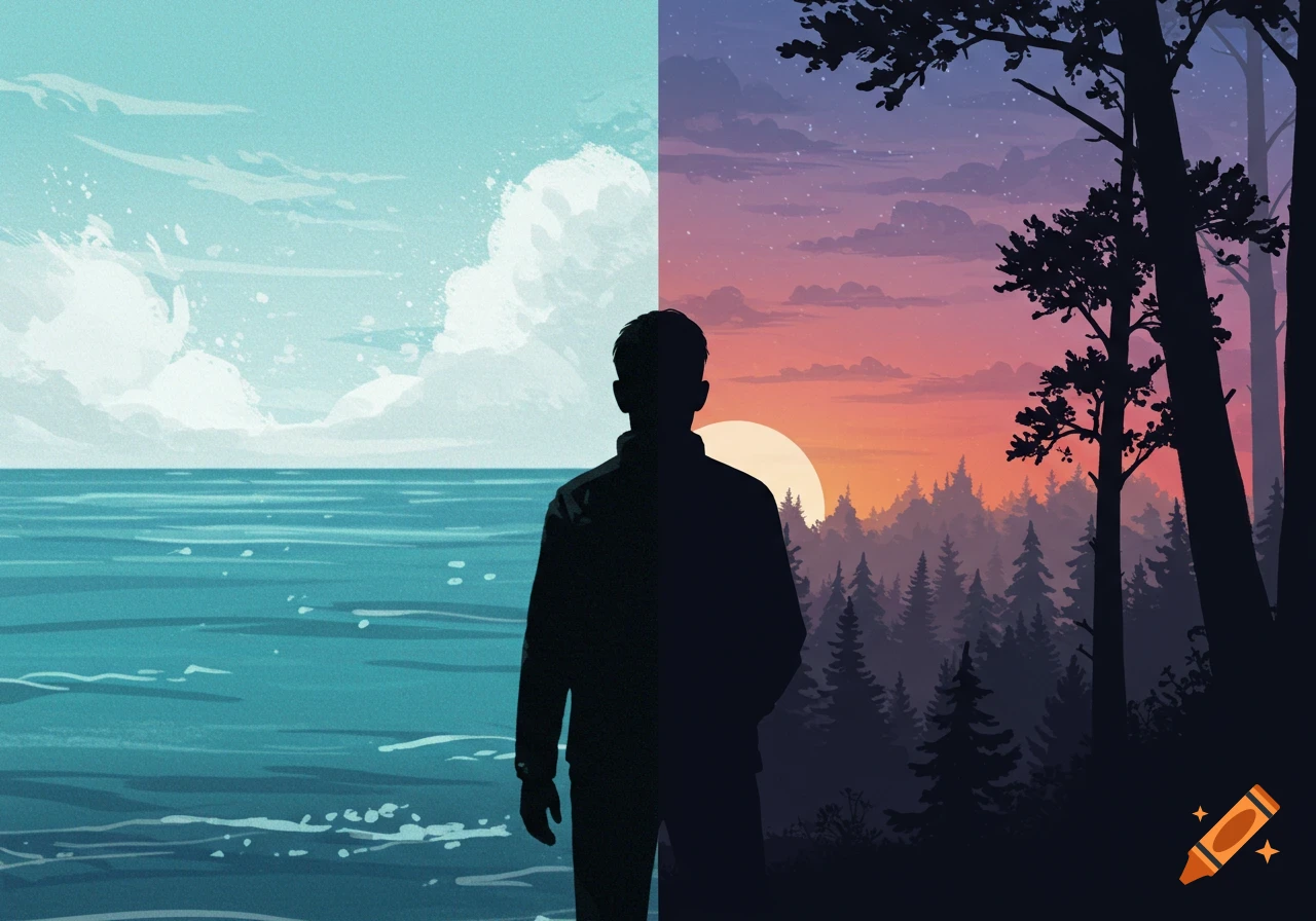 Silhouette of a person facing a split scene: ocean on the left, forest sunset on the right.