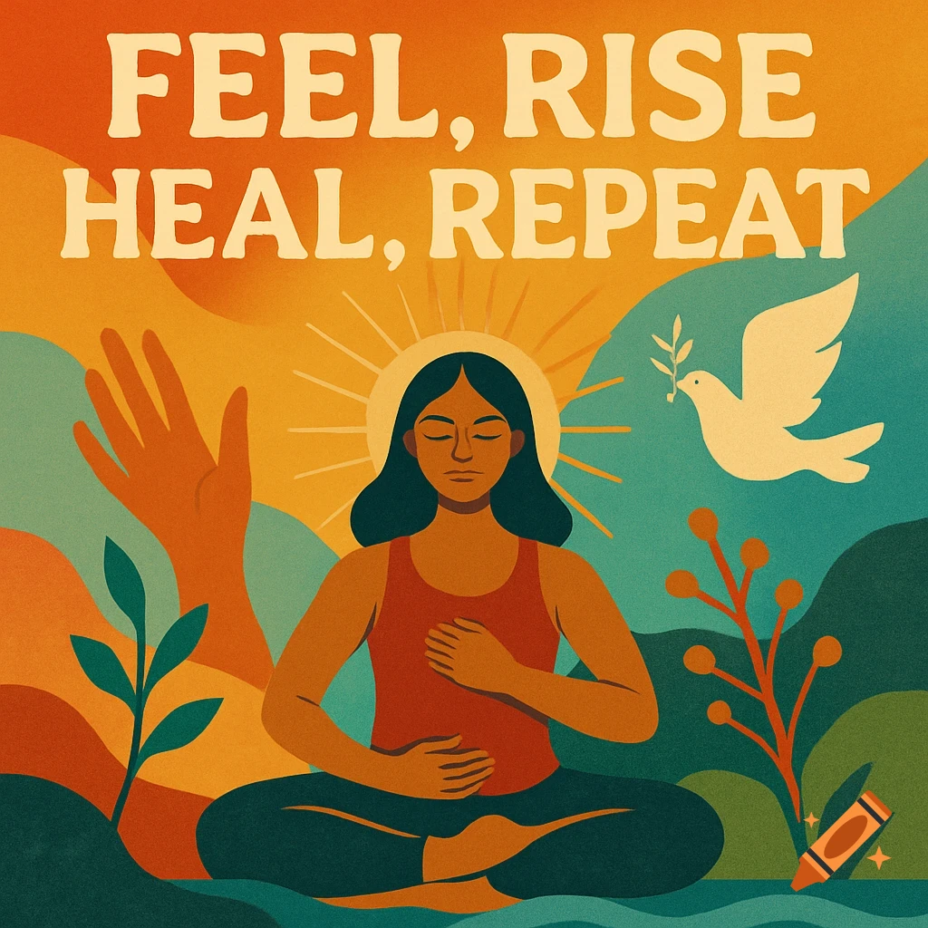 Stylized illustration of a person meditating with text 'Feel, Rise, Heal, Repeat', sunrise, dove, and plants.