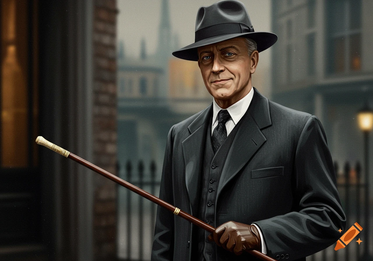 A man in a suit and hat is holding a cane.