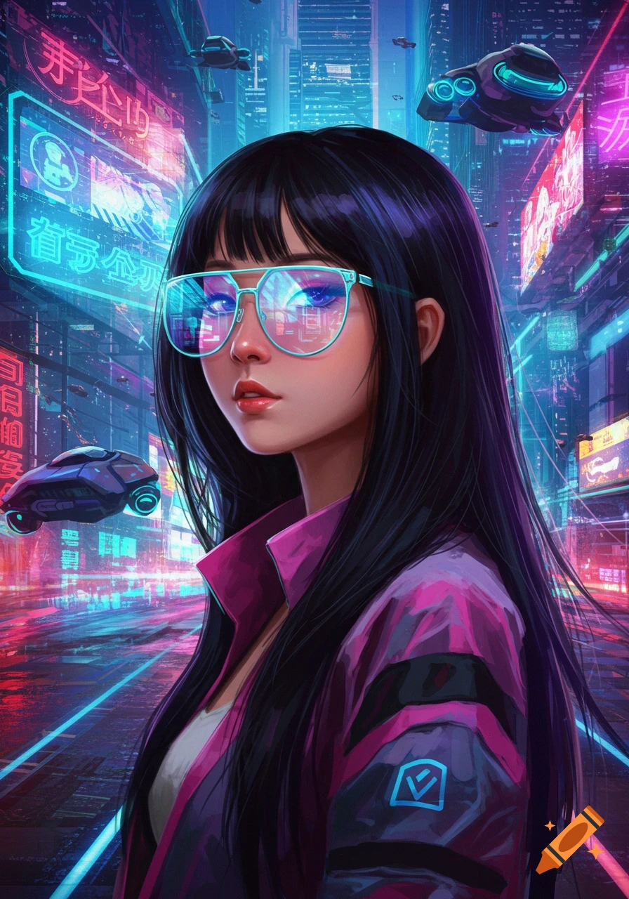 A girl with sunglasses stands in a neon-lit cyberpunk city street.