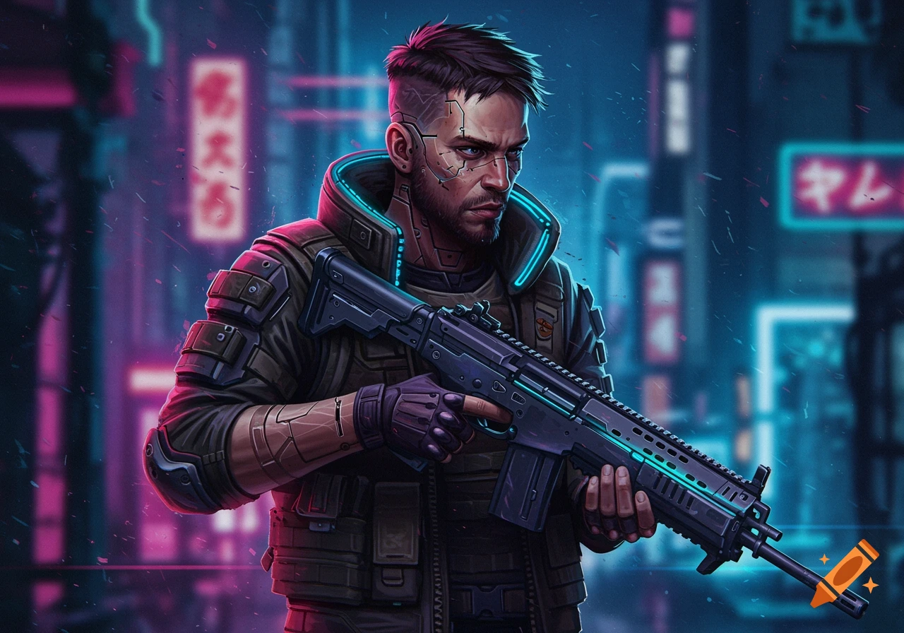 Cyberpunk character in tactical gear holding a rifle in a neon-lit city street, digital illustration
