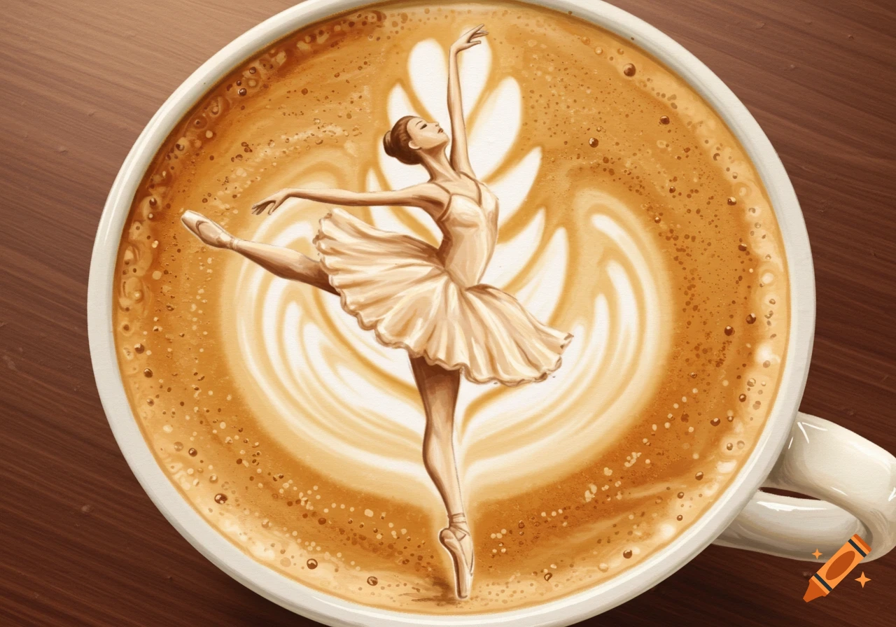A ballerina formed in cappuccino latte art in a white cup.