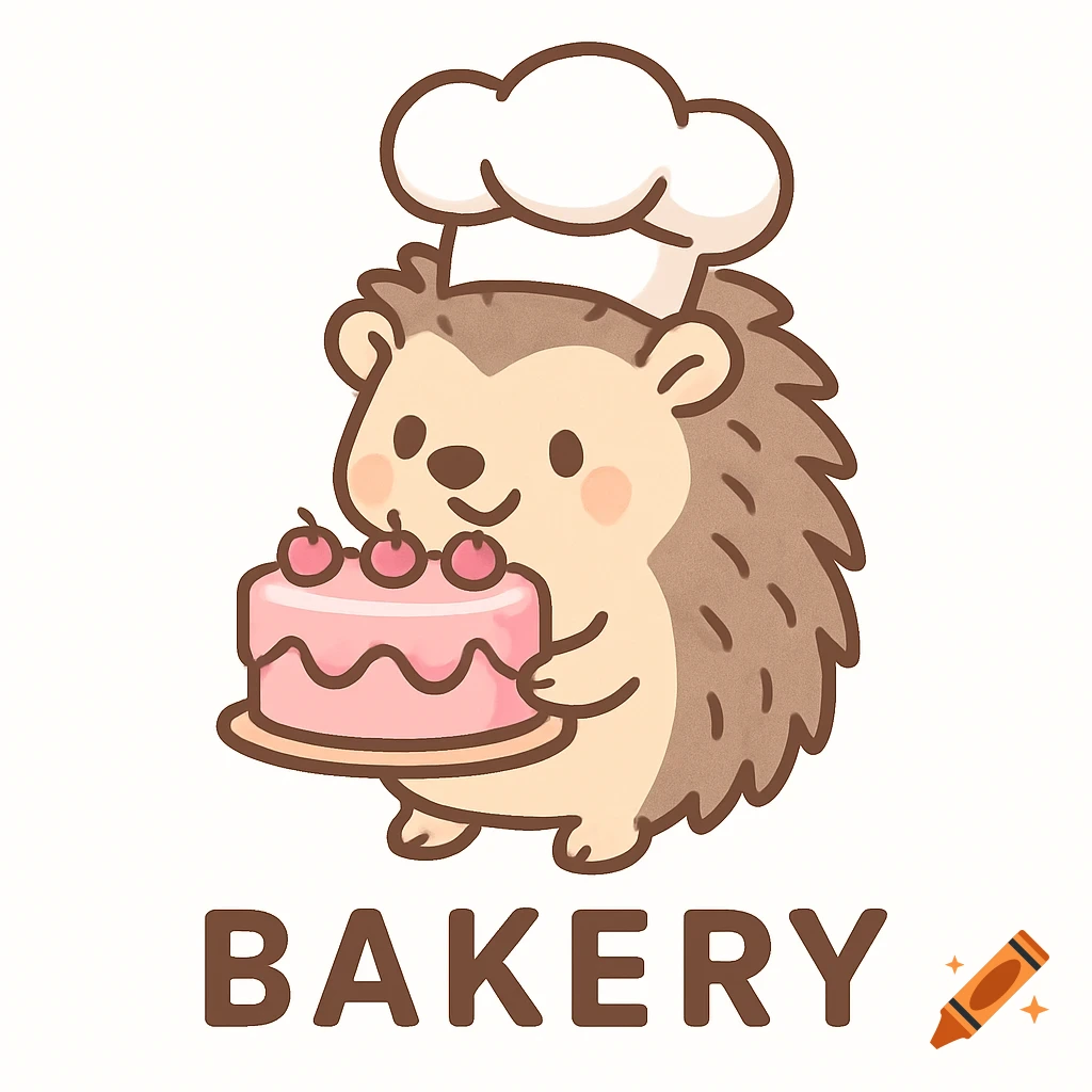 A cute cartoon hedgehog wearing a baker's hat holds a pink cake with cherries, with the word 'BAKERY' below.