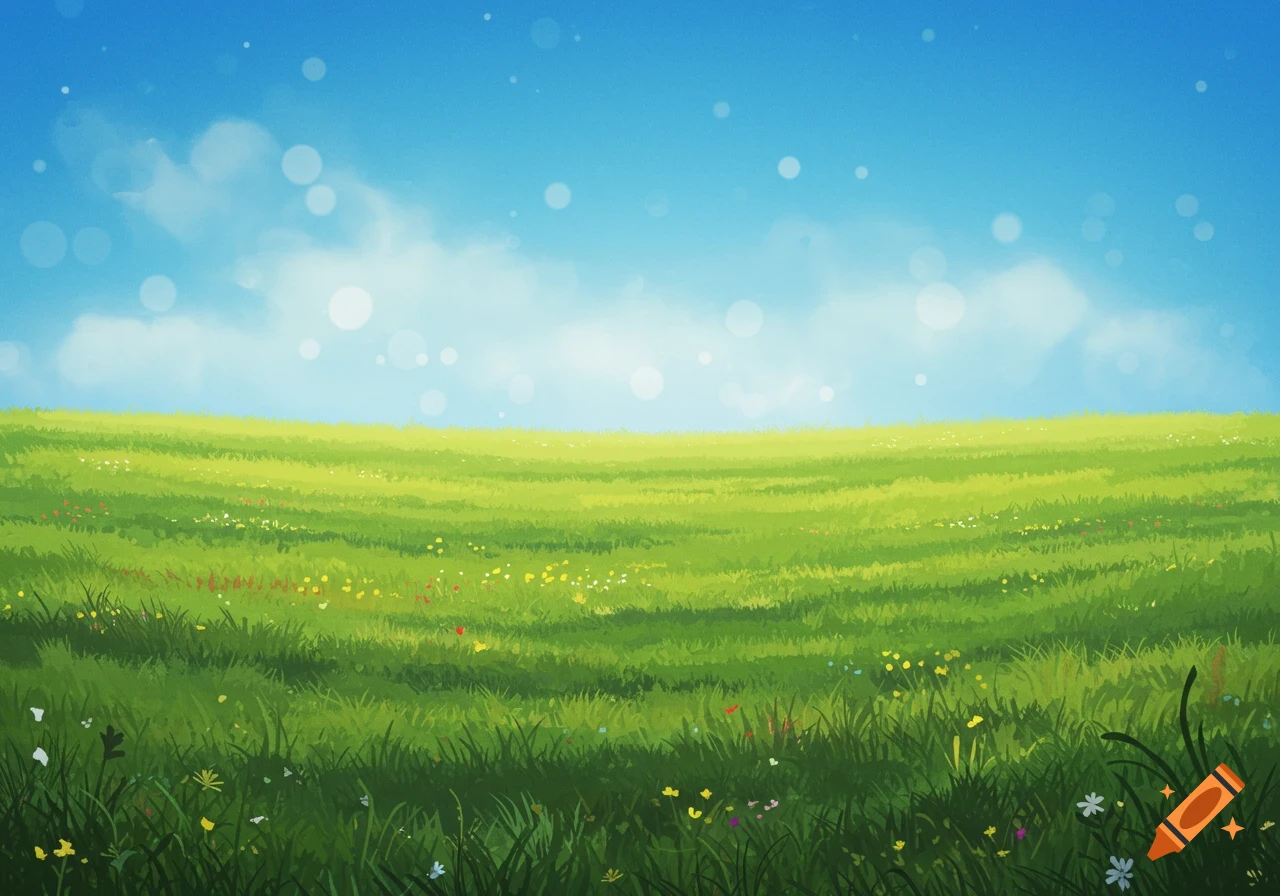 A rolling green grassy field with small flowers under a bright blue sky with clouds.