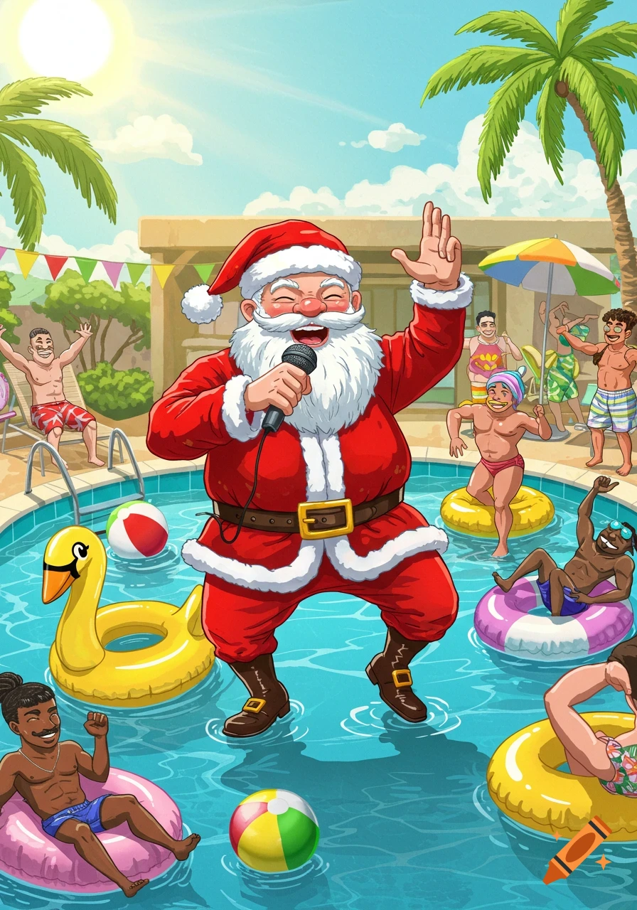 Cartoon of Santa Claus rapping at a sunny pool party with people on floats