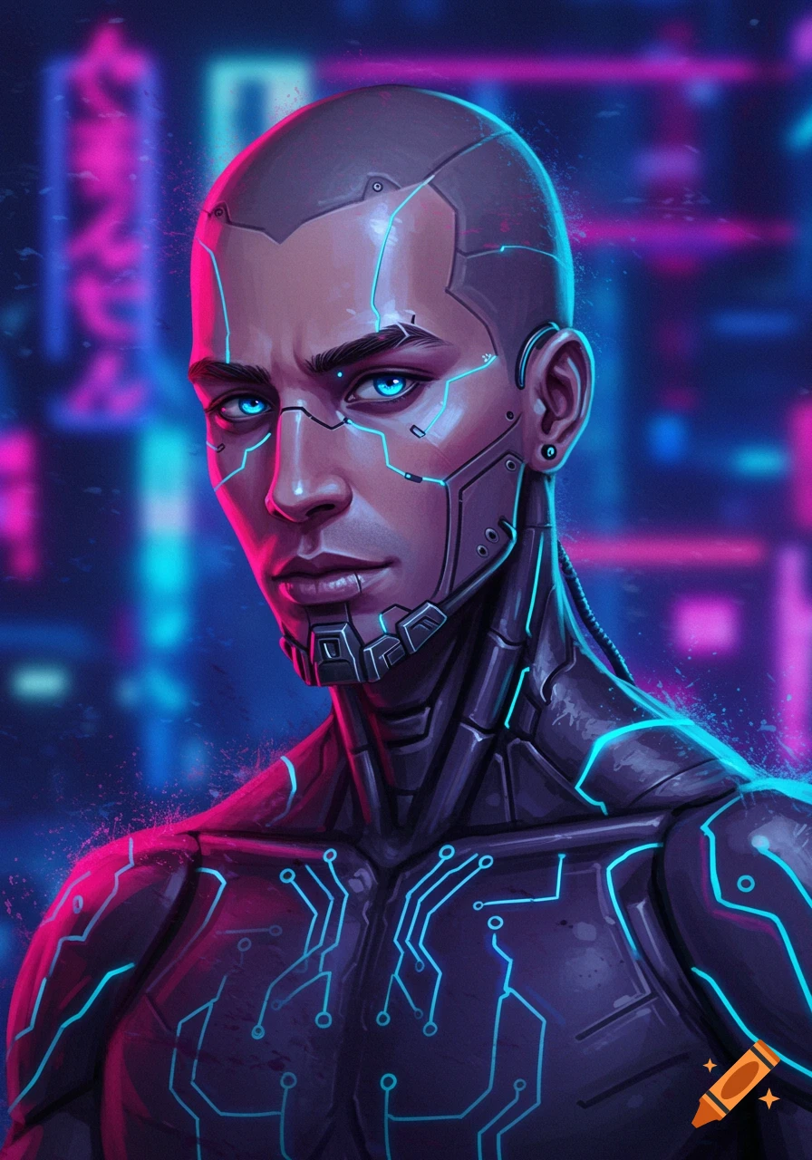 A person with cybernetic enhancements and glowing blue eyes in a neon cyberpunk city.