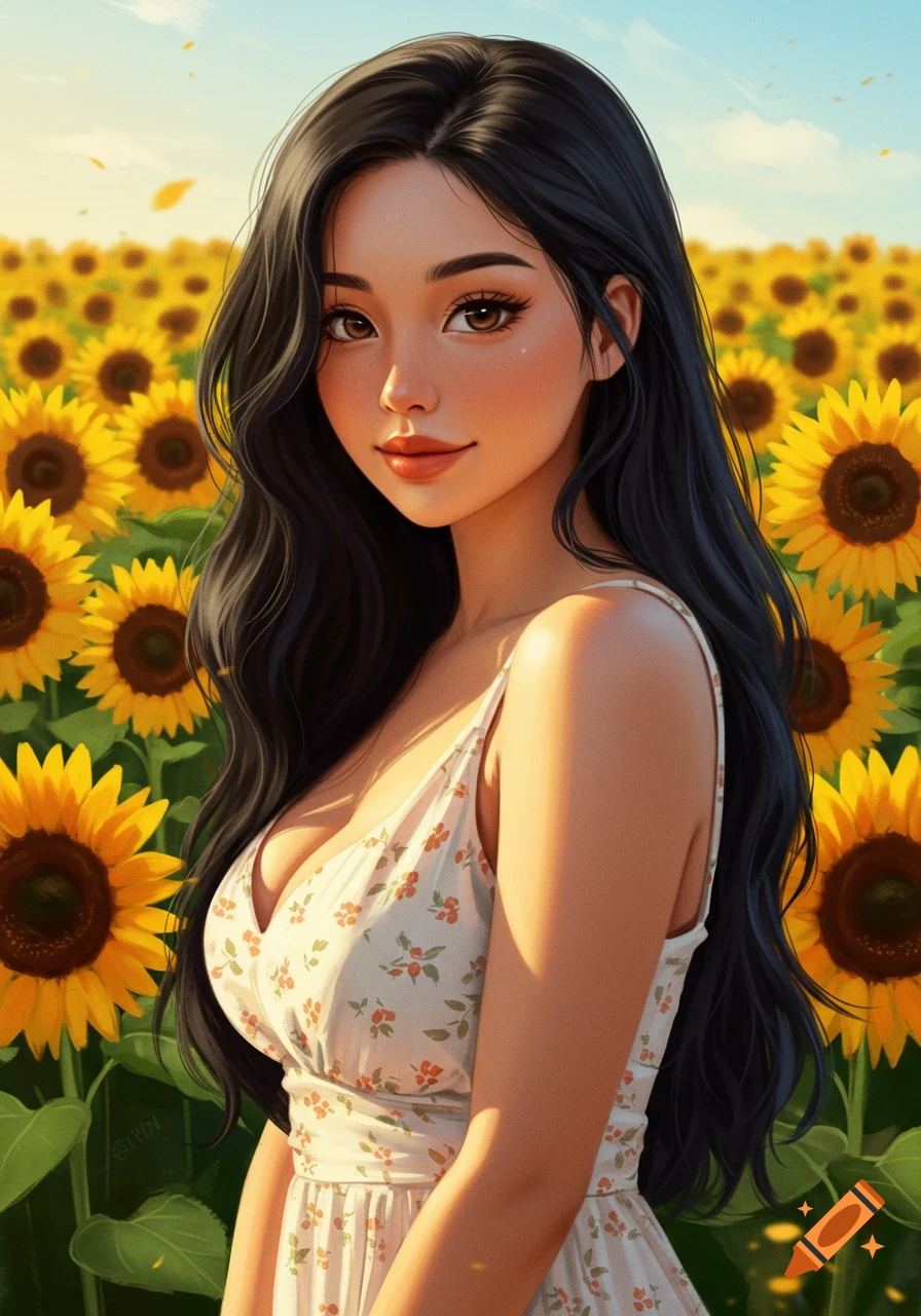 A woman stands in a field of sunflowers.