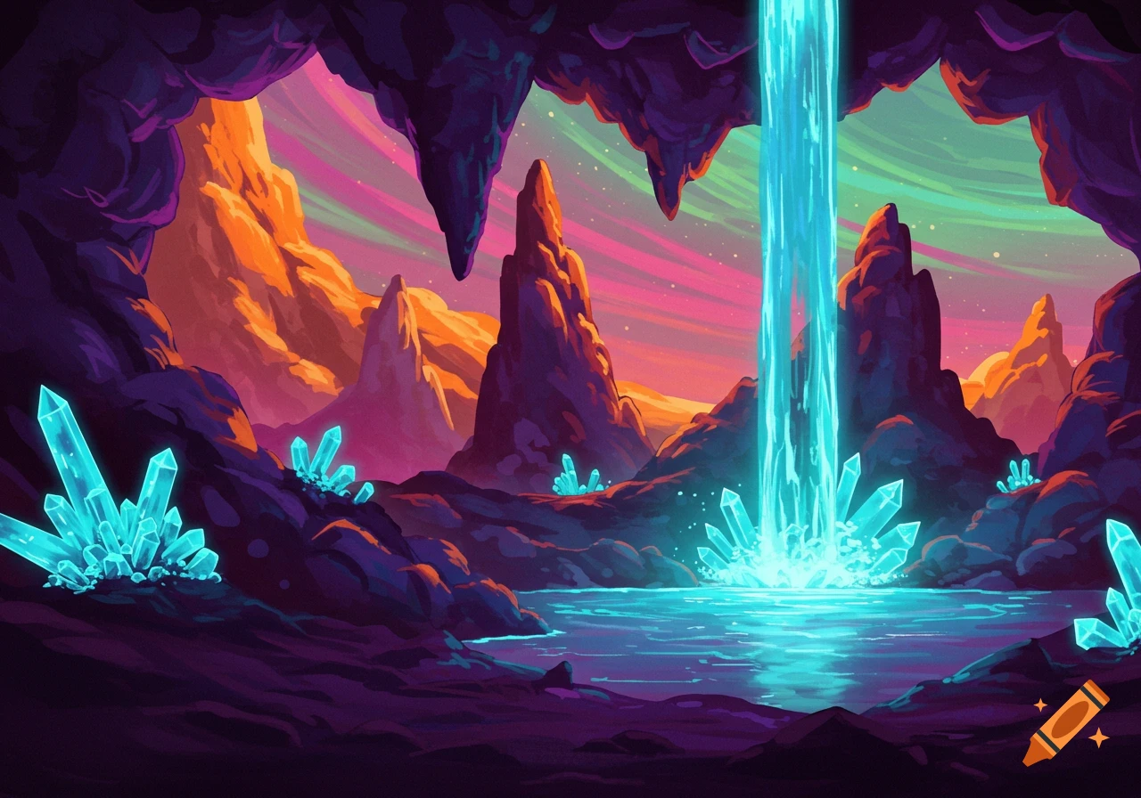 Colorful depiction of a cave with glowing crystals, a waterfall, and a lake.
