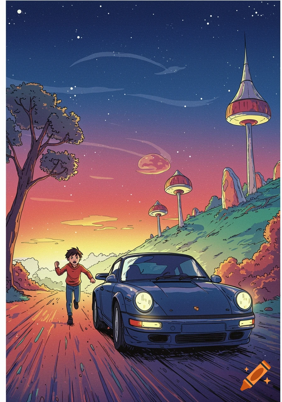 Comic book style illustration of a boy running beside a blue Porsche 911 in a surreal fantasy landscape at sunset.