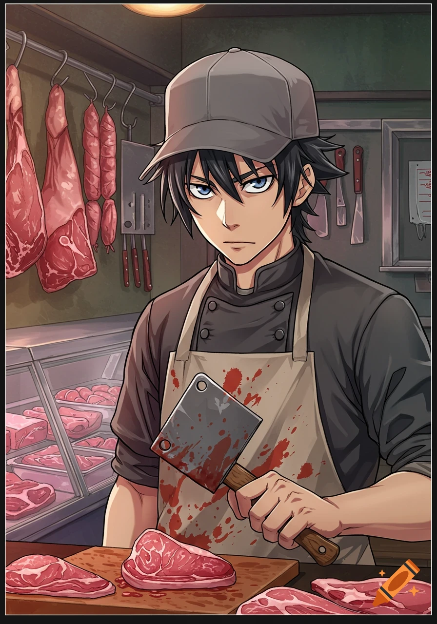 Anime man in a butcher outfit holding a cleaver in a meat market