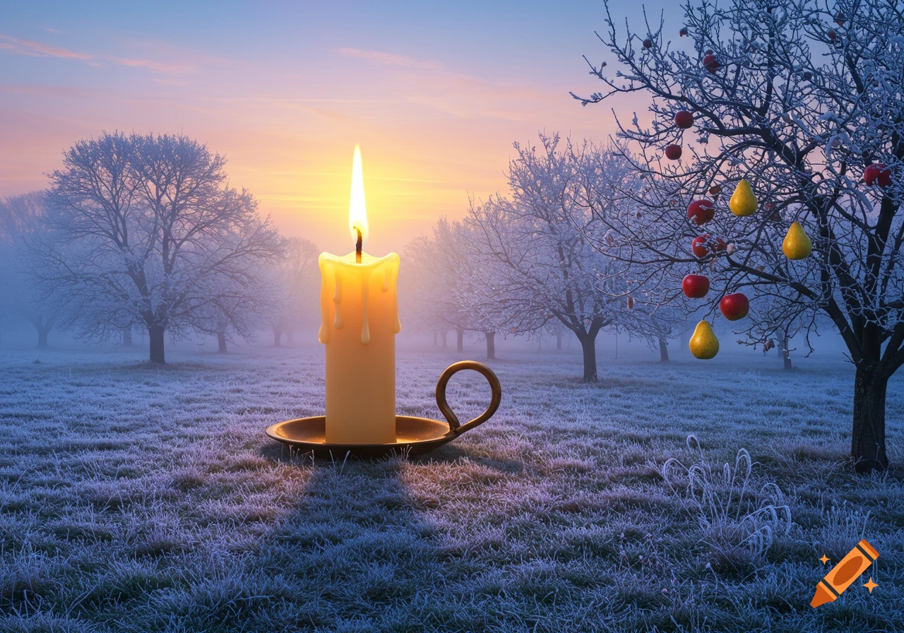 A lit candle stands in a frost-covered orchard at sunrise, with icy trees and fruit.