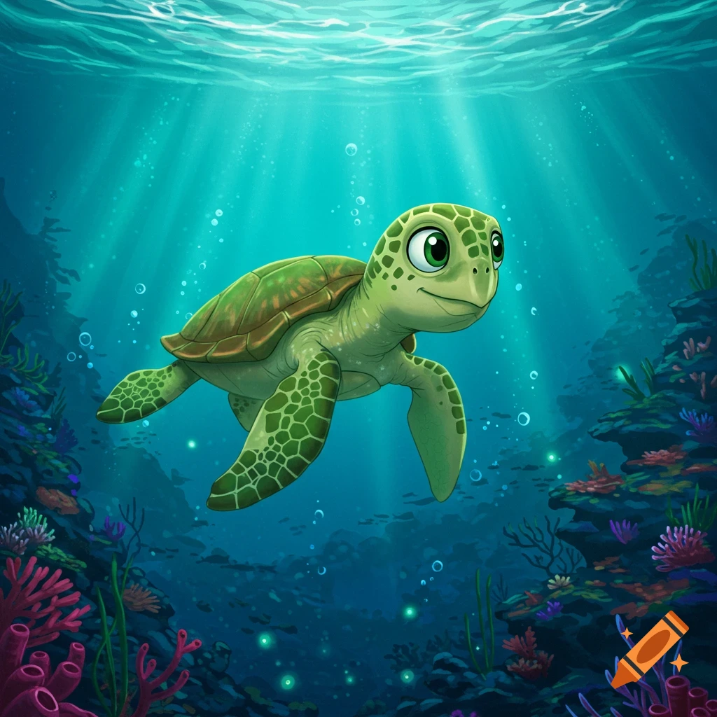 Cartoon illustration of a green sea turtle swimming among coral reefs underwater with sun rays shining from the surface.