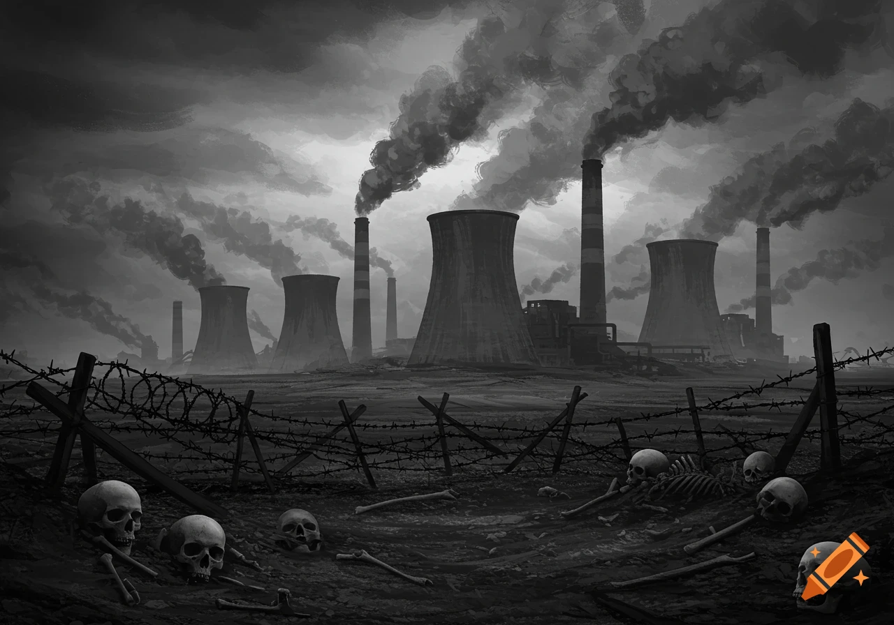 Black and white depiction of a power plant emitting smoke, with barbed wire and skulls in the foreground.