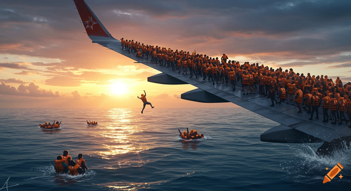 People in life jackets are crowded on a crashed airplane wing in the ocean at sunset.