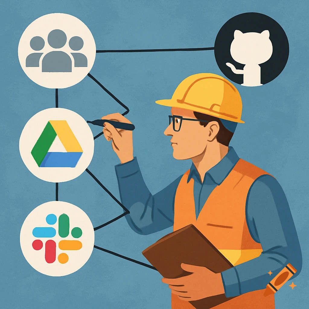 An engineer in a hard hat and safety vest connects nodes representing different technology services like Google Drive, Slack, and GitHub.