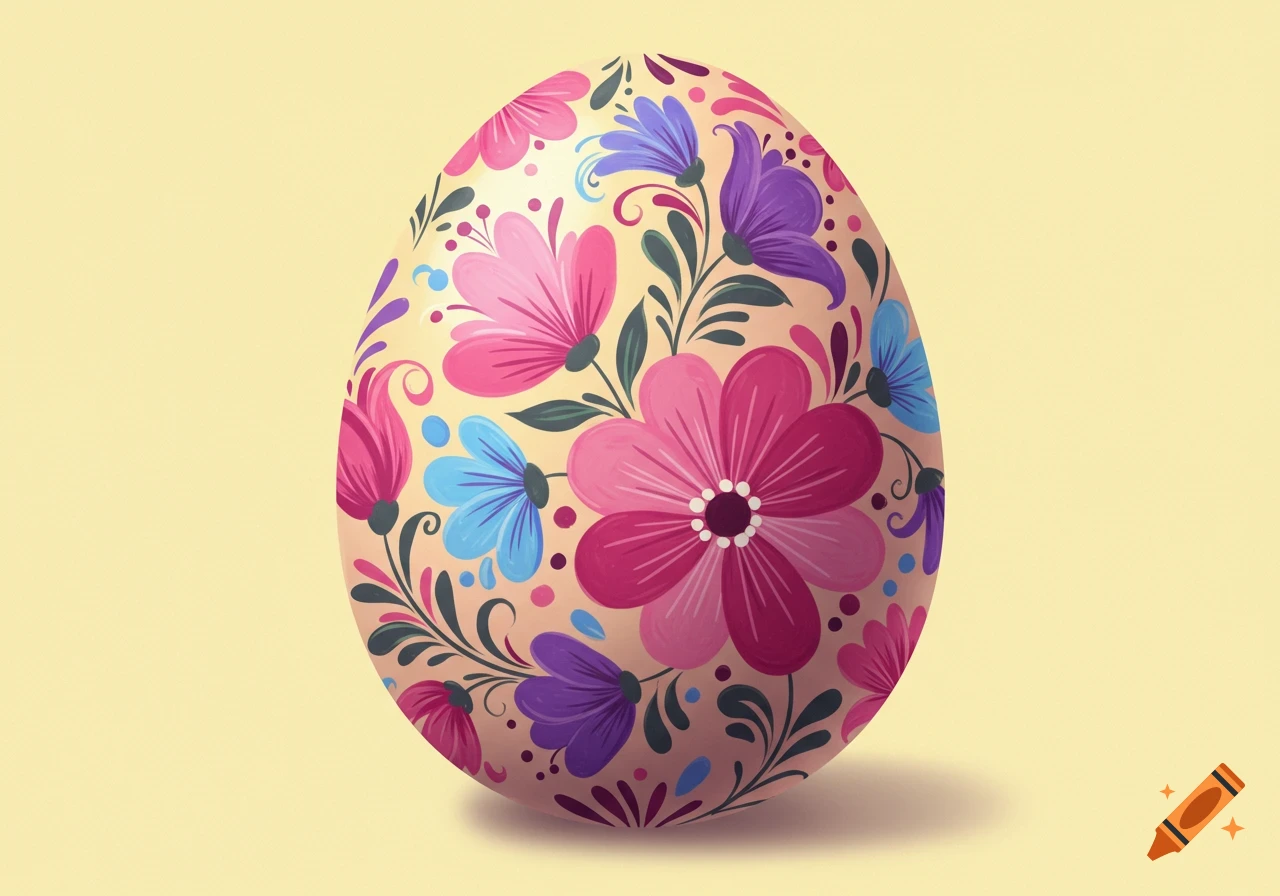 An Easter egg decorated with pink, purple, and blue flowers.