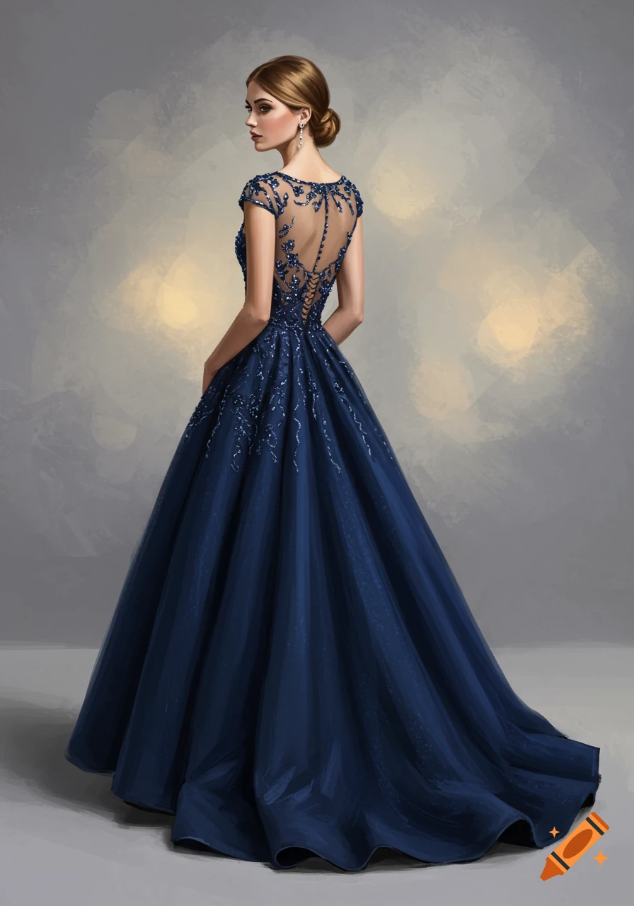 A woman in a navy blue ballgown with beaded illusion back looking over her shoulder.