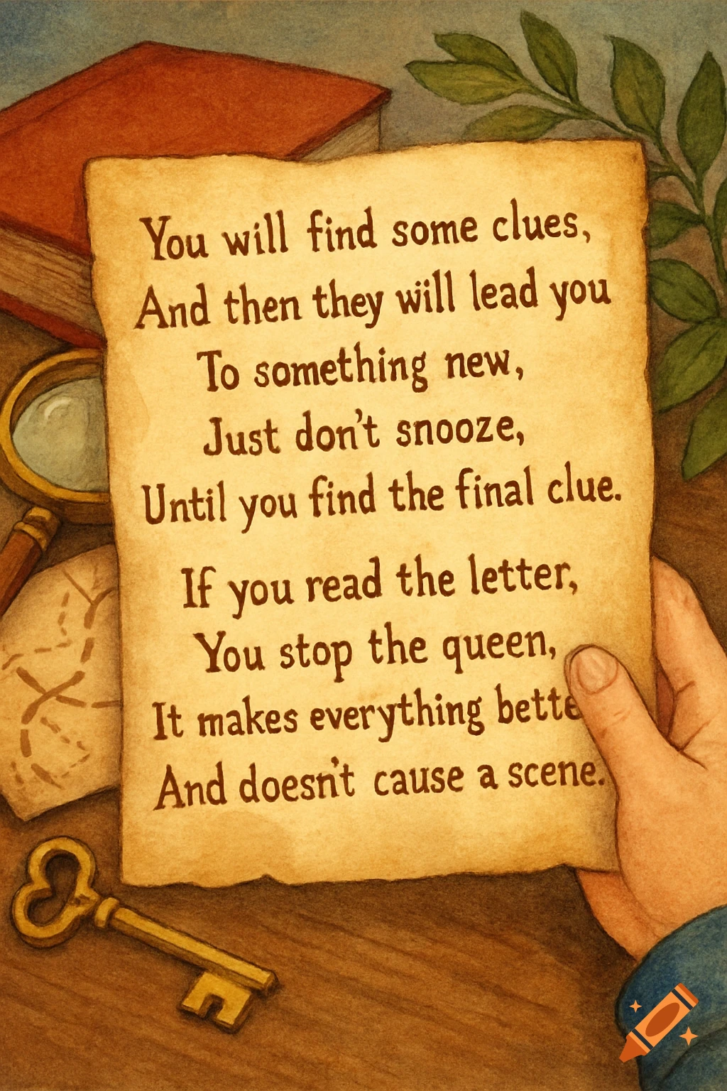 Illustration of a poem on parchment with a key, magnifying glass, map, and book.