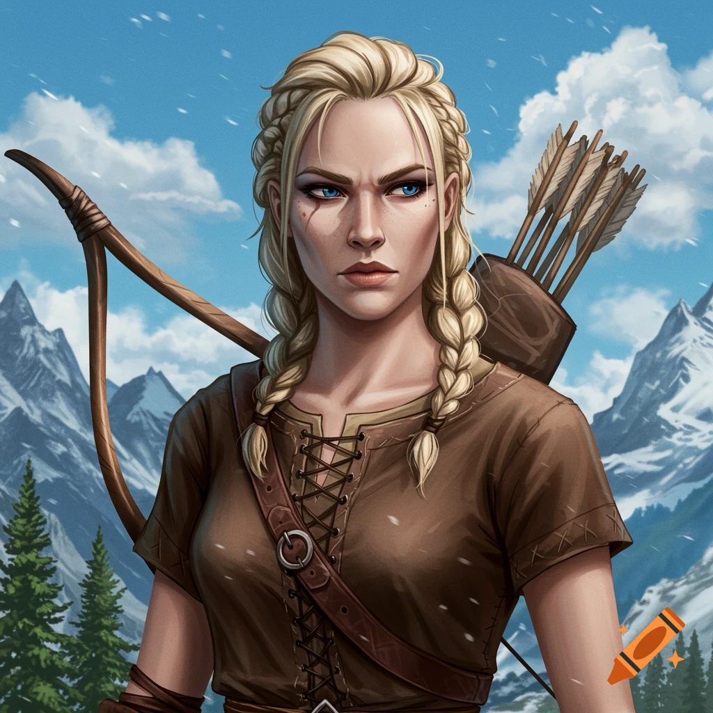 A stern blonde woman with braided hair is shown carrying a bow and quiver in a snowy mountain landscape.