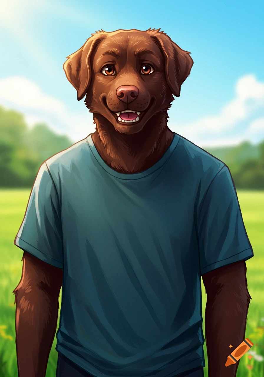 Anthro chocolate lab wearing a blue t-shirt in a field.