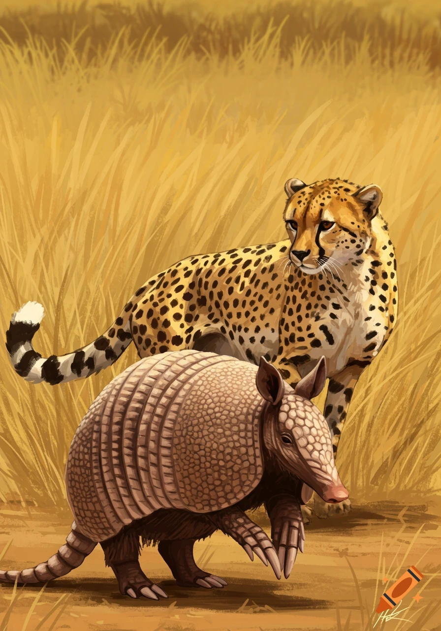 A cheetah and an armadillo are in tall grass.