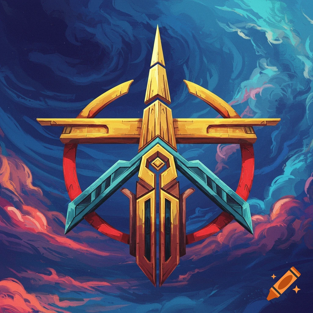 A gold and blue abstract symbol against a stormy sky.