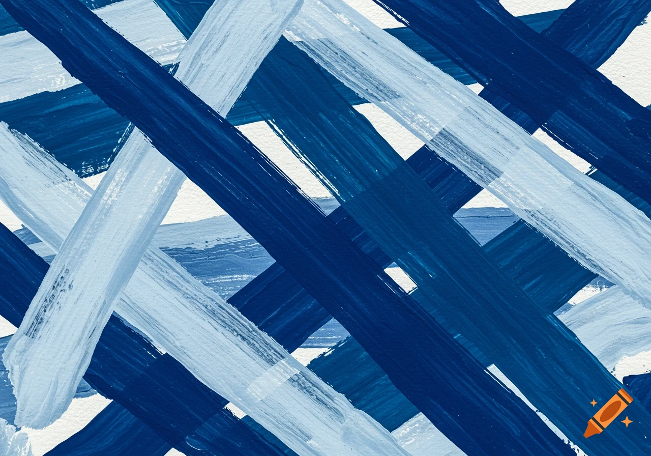 Abstract painting of overlapping blue and white brushstrokes.