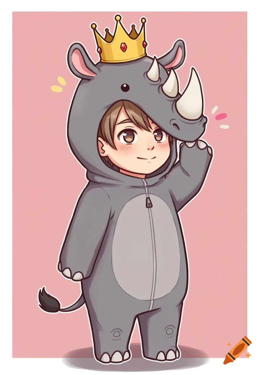 Anime illustration of a child in a cute rhino costume wearing a lopsided crown.