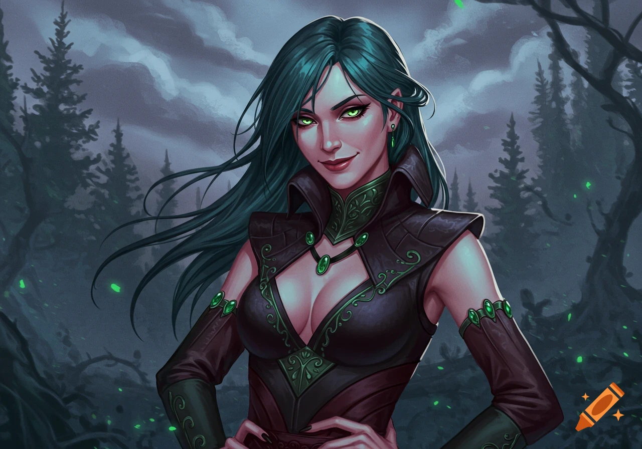 A woman with green hair and eyes in a dark forest