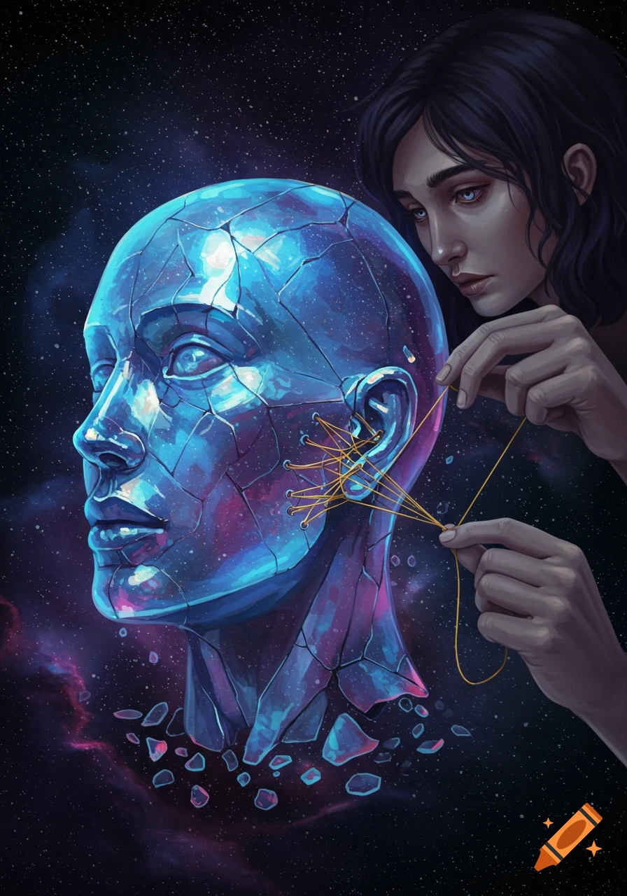 A woman sewing threads into a shattered blue head floating in space