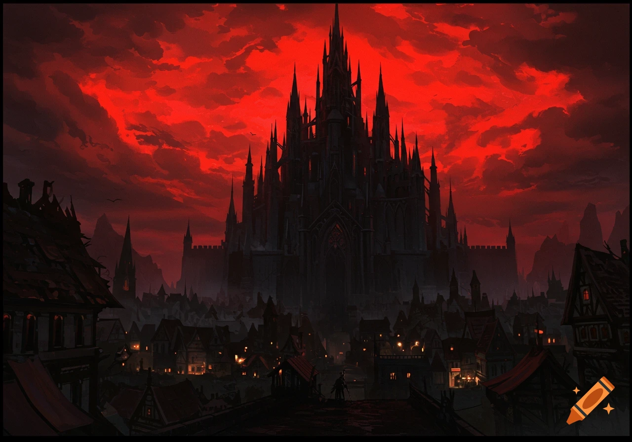 A dark fantasy castle overlooks a town under a dramatic red sky.