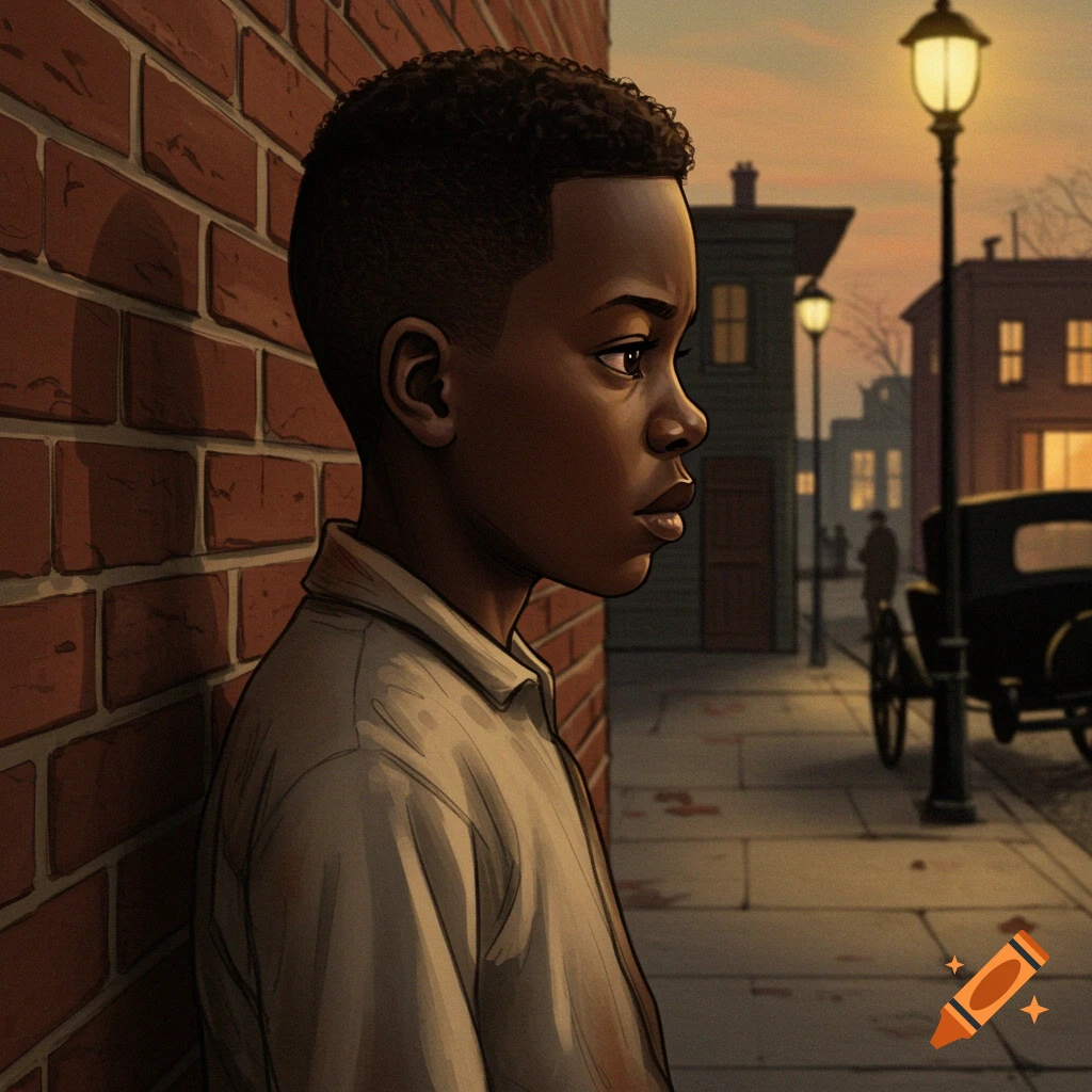 A vintage-style image of a young Black boy leaning against a brick wall on a street at dusk.