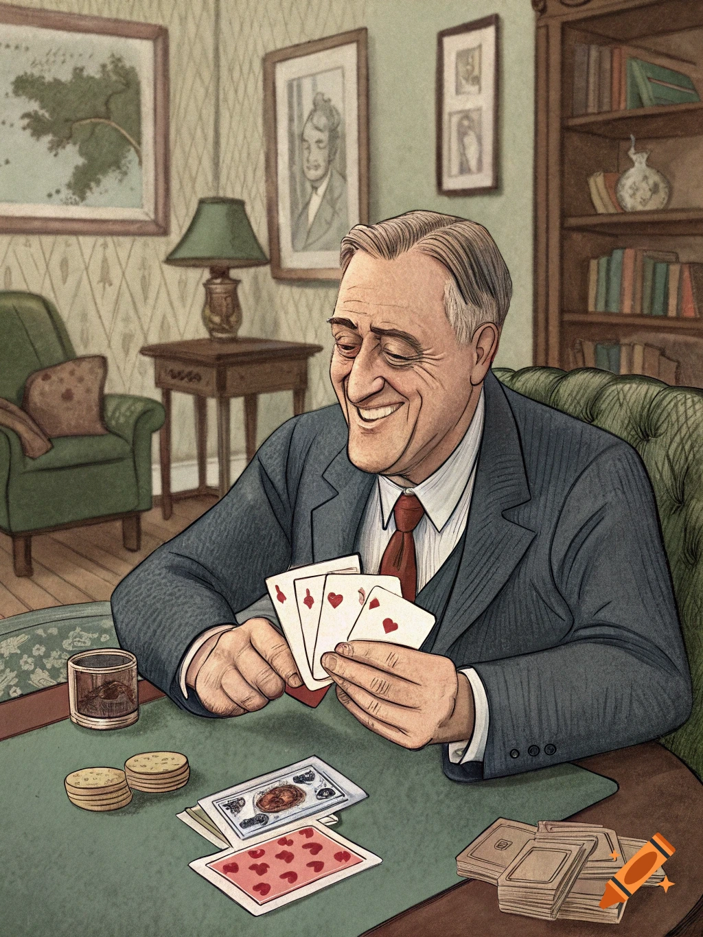 Cartoon depiction of Franklin Roosevelt smiling and playing cards at a table.
