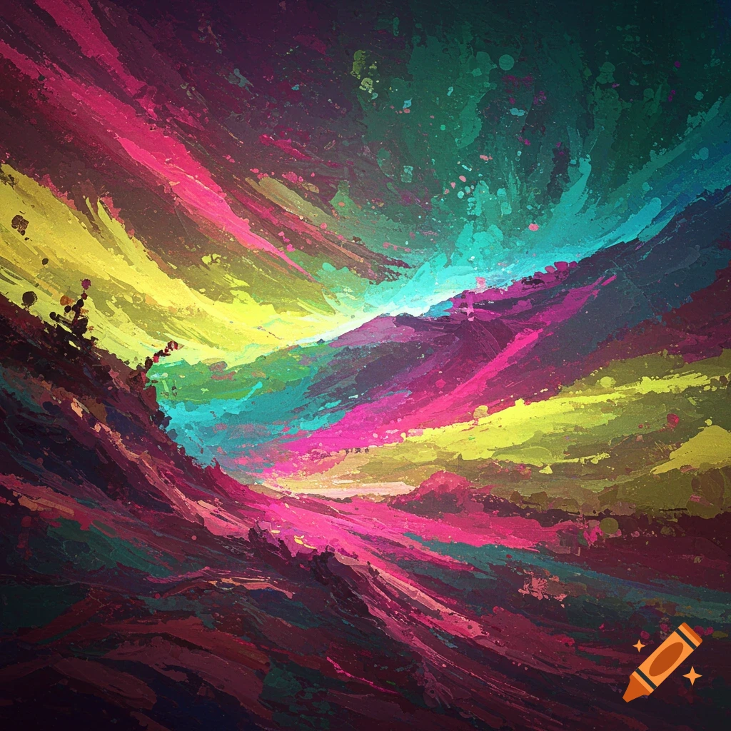 A vibrant abstract painting with swirling strokes of pink, yellow, blue, and green.