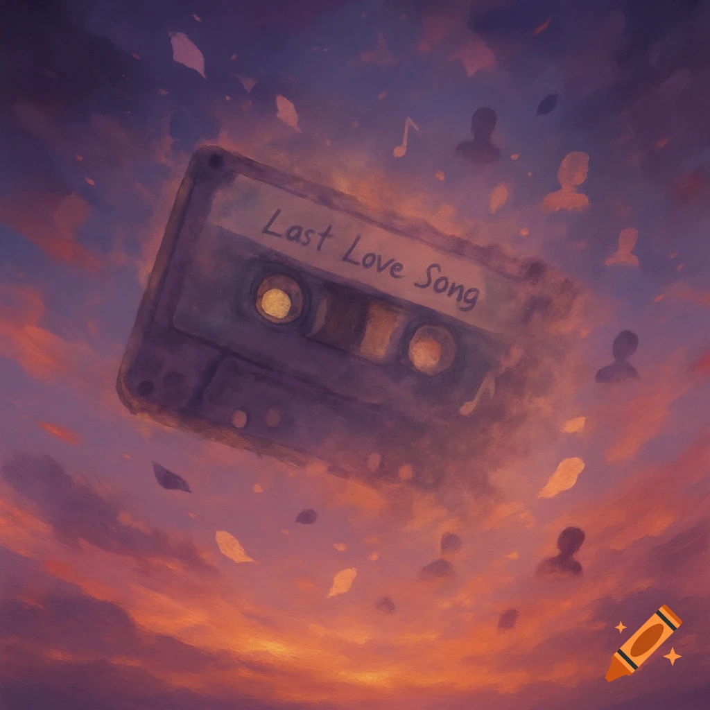 A cassette tape floats in a purple and orange sunset sky with musical notes and silhouettes.