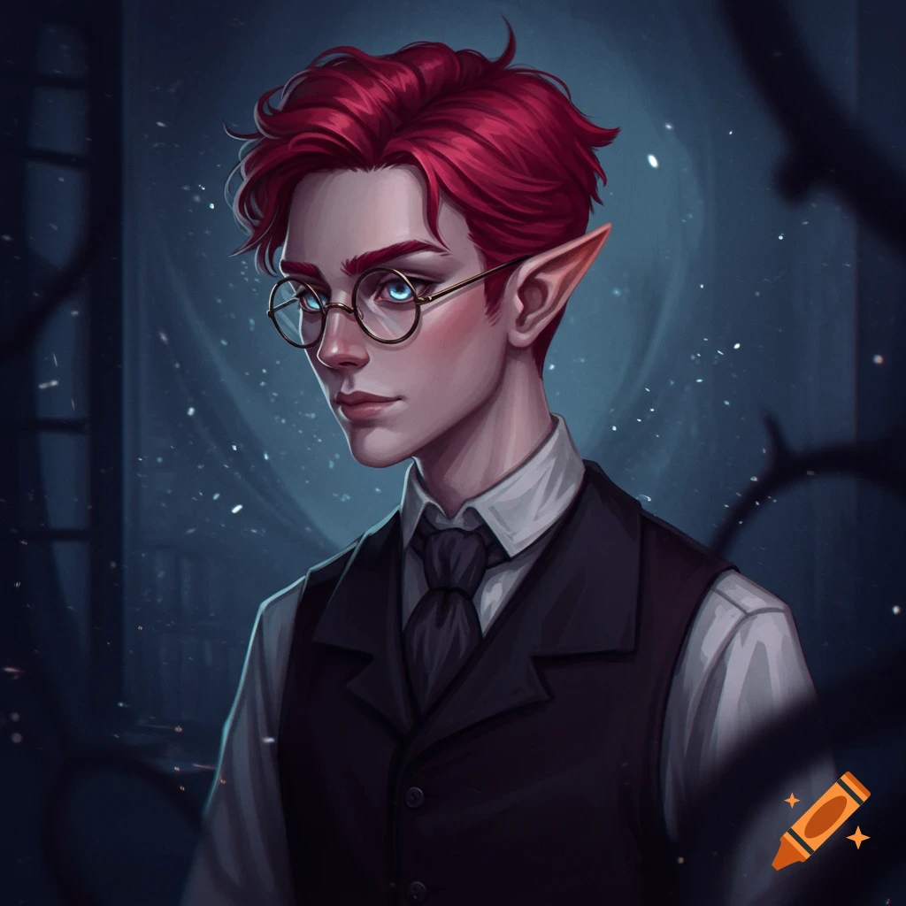 A male fantasy character with red hair, glasses, and pointed ears, wearing a shirt and vest.