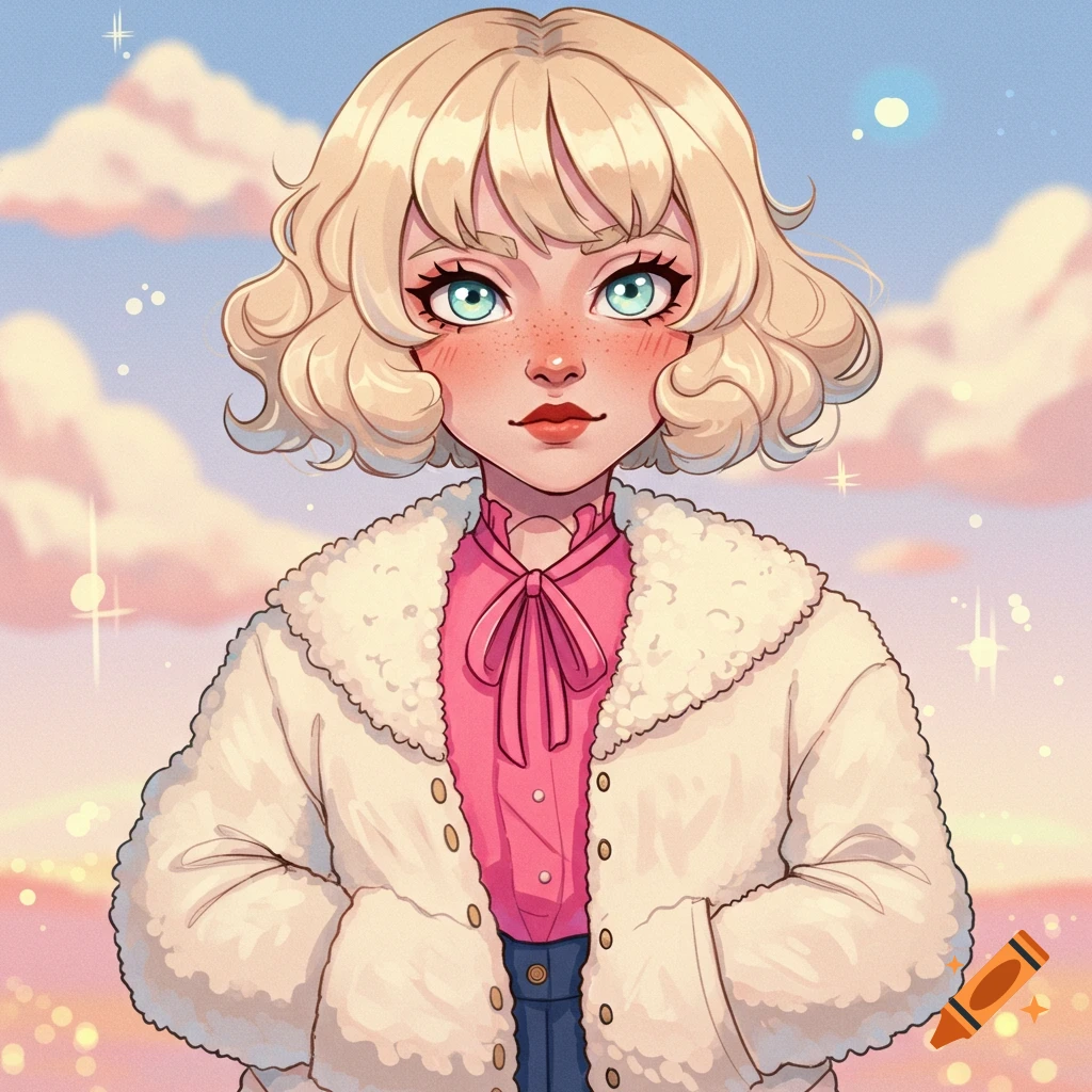 A stylized portrait of a young woman with blonde hair and blue eyes, wearing a pink shirt and a white fur coat against a cloudy sky.