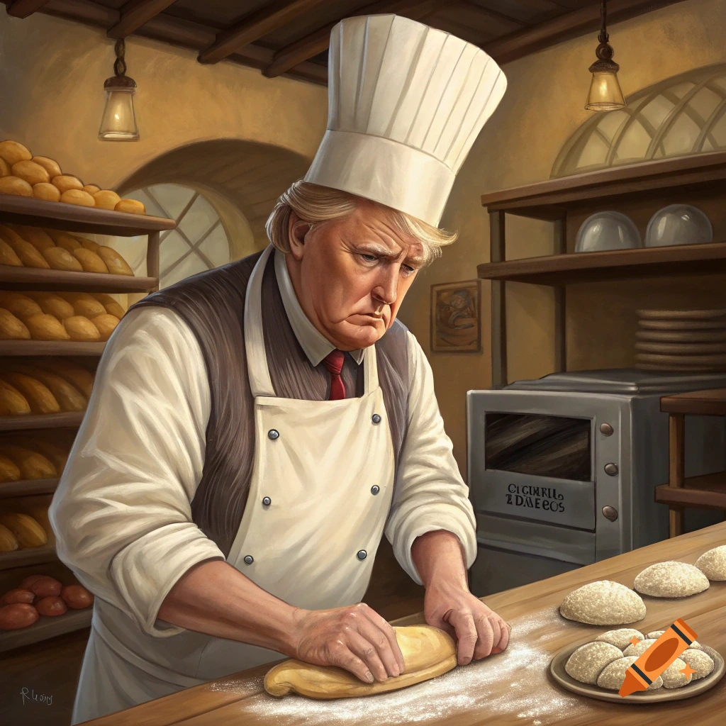 Painting of Donald Trump kneading dough in a bakery