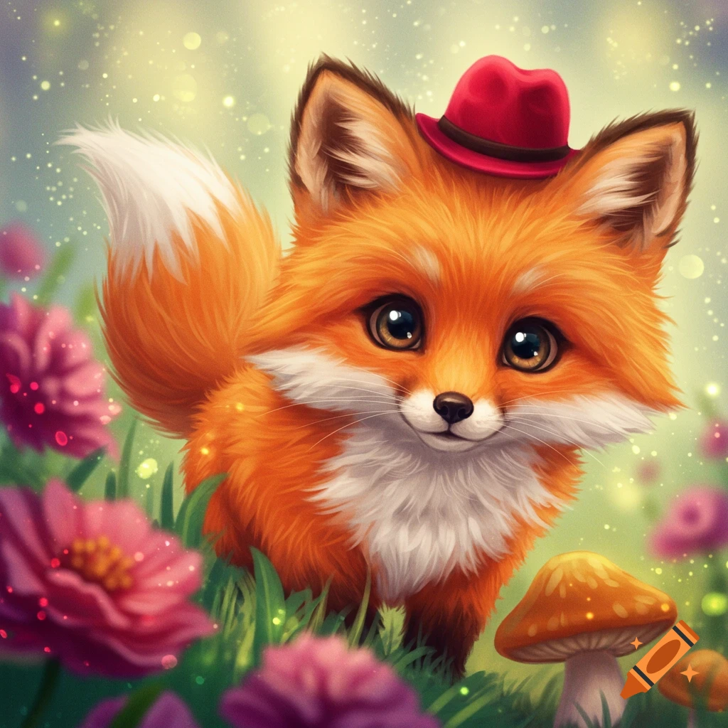 A cute fox wearing a red hat in a field of flowers and mushrooms.